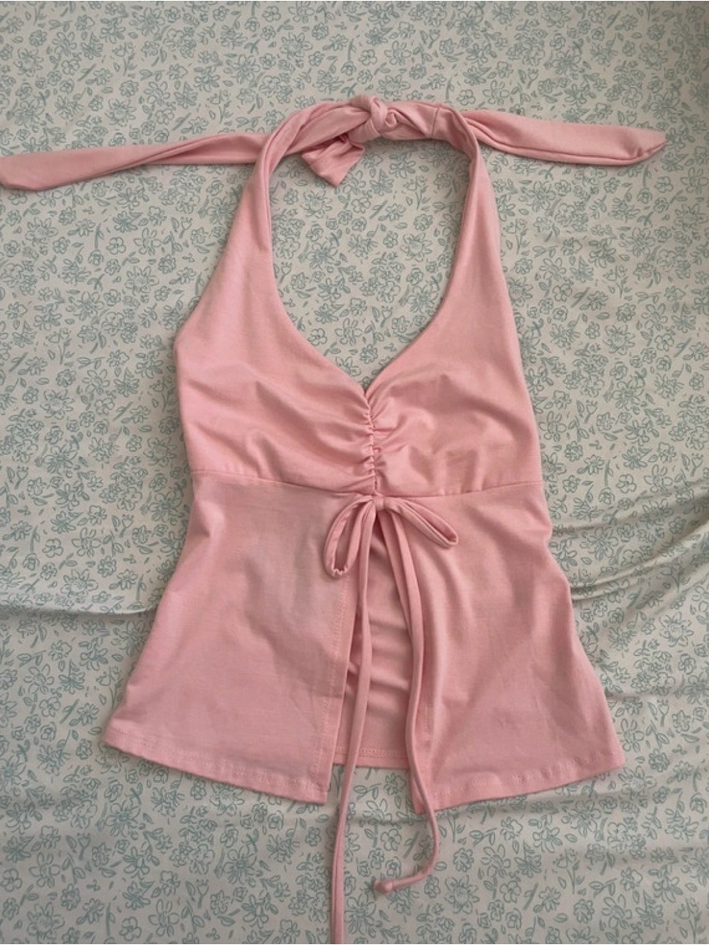 See You Monday Pink Ruched Halter Tie-Front Camisole